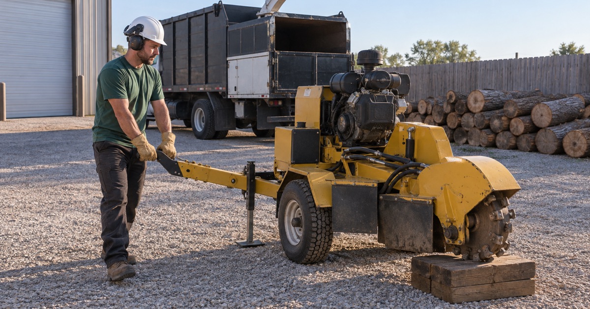Worker checking the cutting wheel on the crew’s stump grinder in the yard, the machine cribbed level before the day starts.