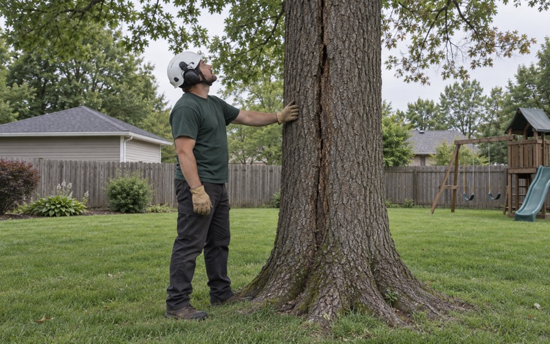 Arborist with a hand on the bole of a red oak in Shawnee, reading a seam that runs up from the root plate.