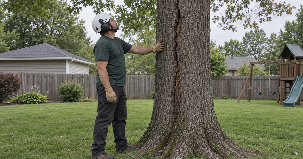 Arborist with a hand on the bole of a red oak in Shawnee, reading a seam that runs up from the root plate.