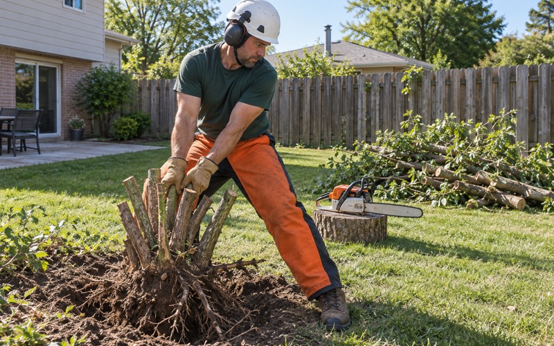 Worker pulling a boxelder stem cluster out of a Shawnee fence line after the tops have been taken off.