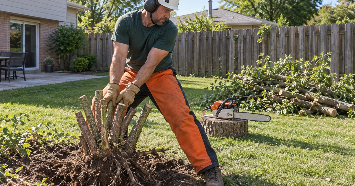 Worker pulling a boxelder stem cluster out of a Shawnee fence line after the tops have been taken off.