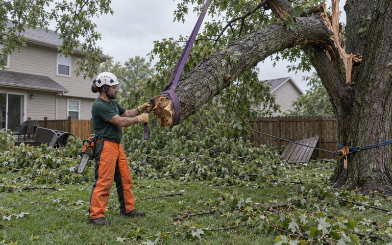 Worker choking a rigging sling around the butt of a split silver maple leader hung in the crown over a Shawnee yard.