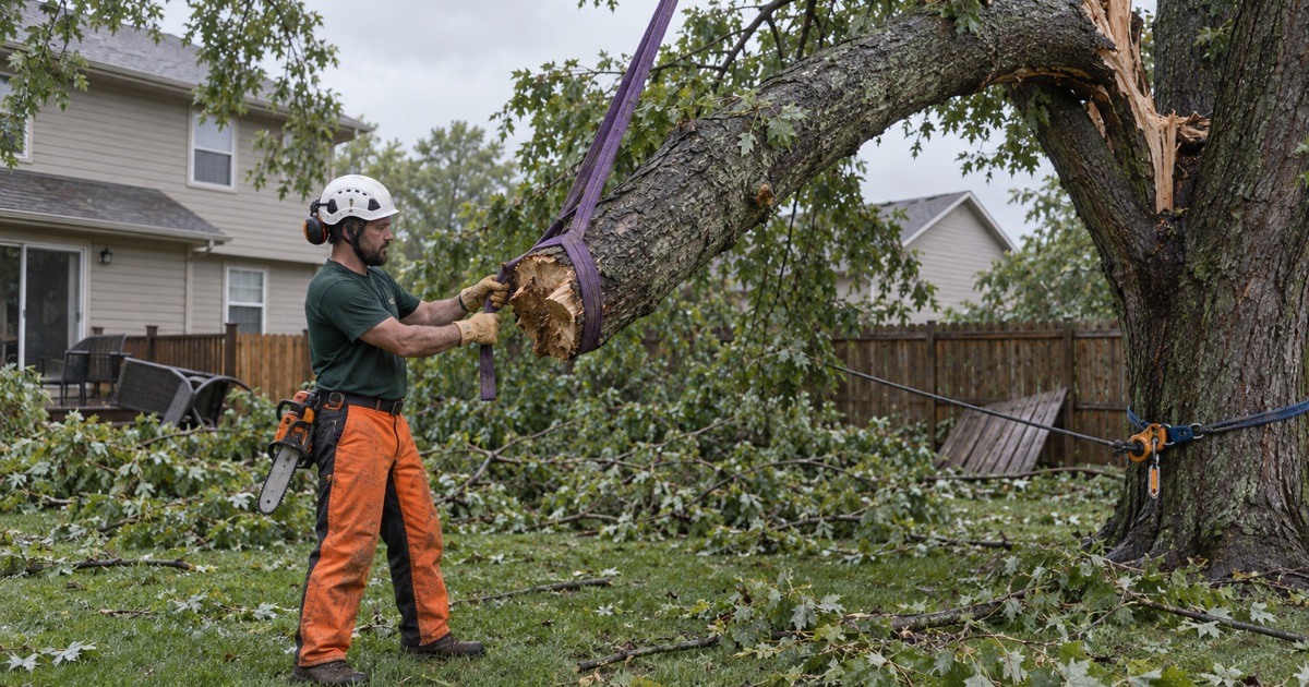 Worker choking a rigging sling around the butt of a split silver maple leader hung in the crown over a Shawnee yard.
