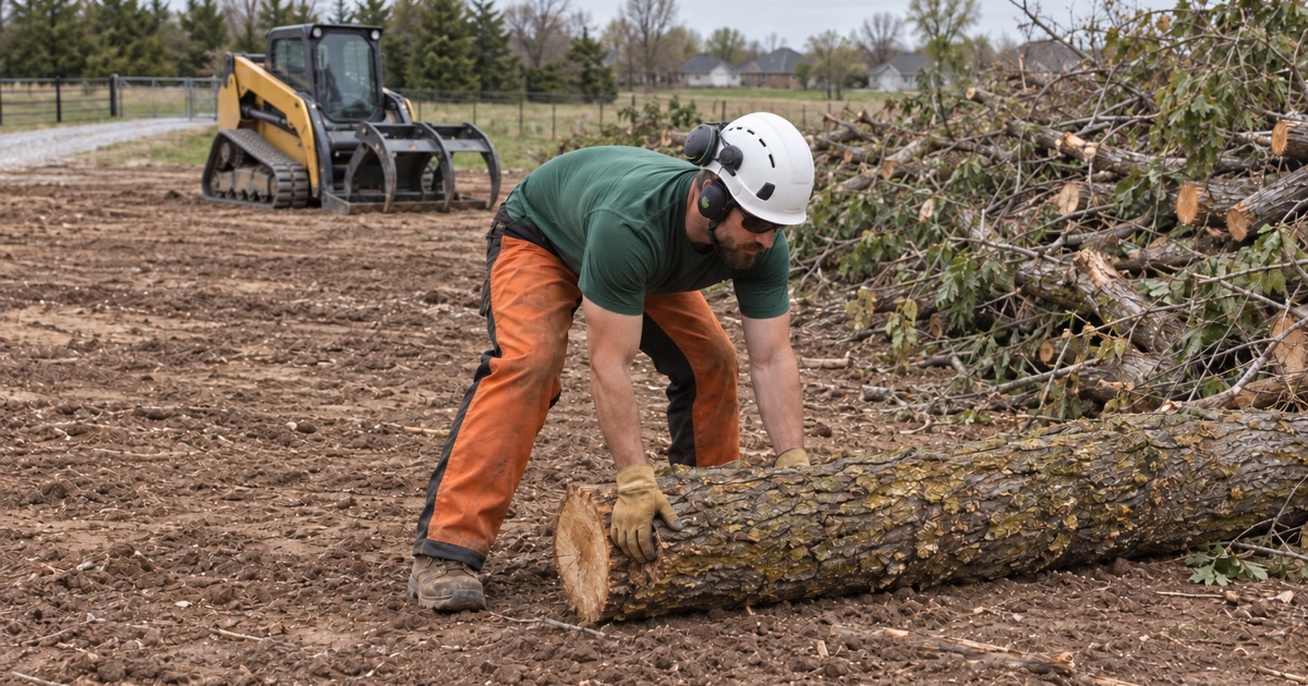 Worker rolling an Osage orange cull log onto a windrow on a cleared Shawnee lot.