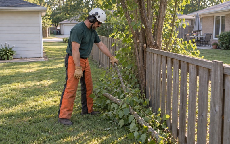 Worker steadying a mulberry stem cut back to the property line at a Shawnee boundary fence.