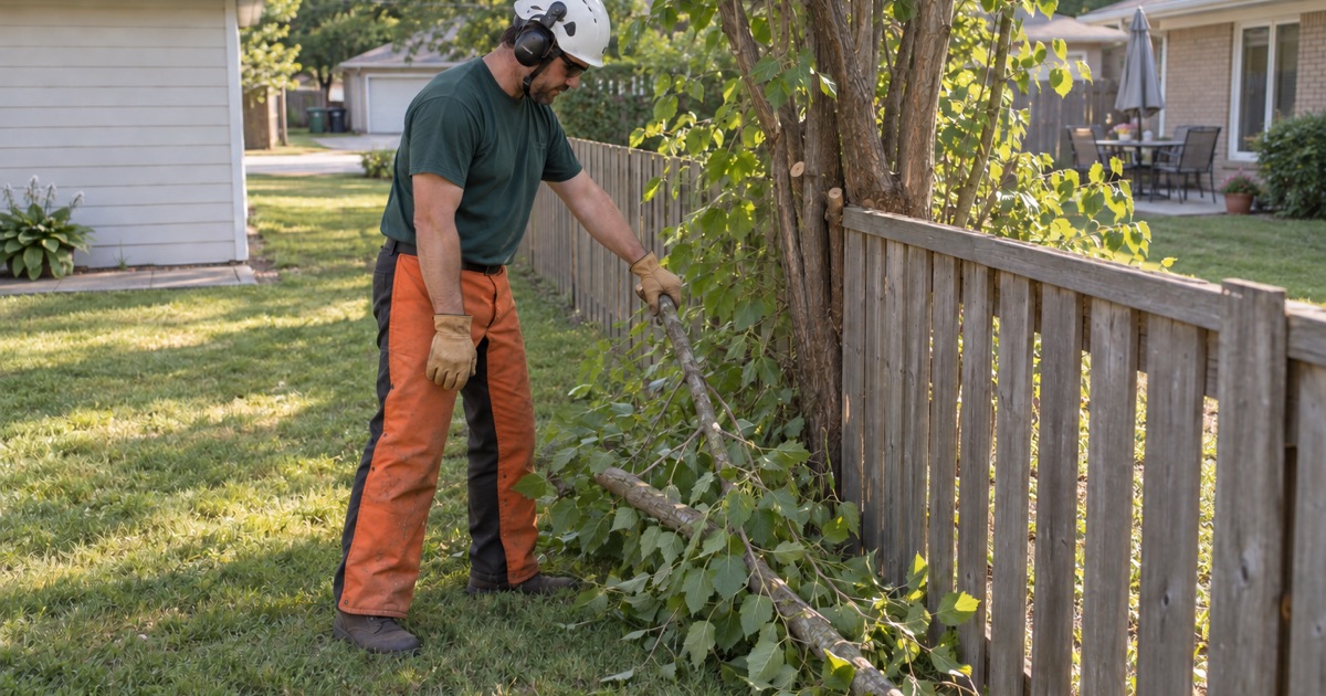 Worker steadying a mulberry stem cut back to the property line at a Shawnee boundary fence.