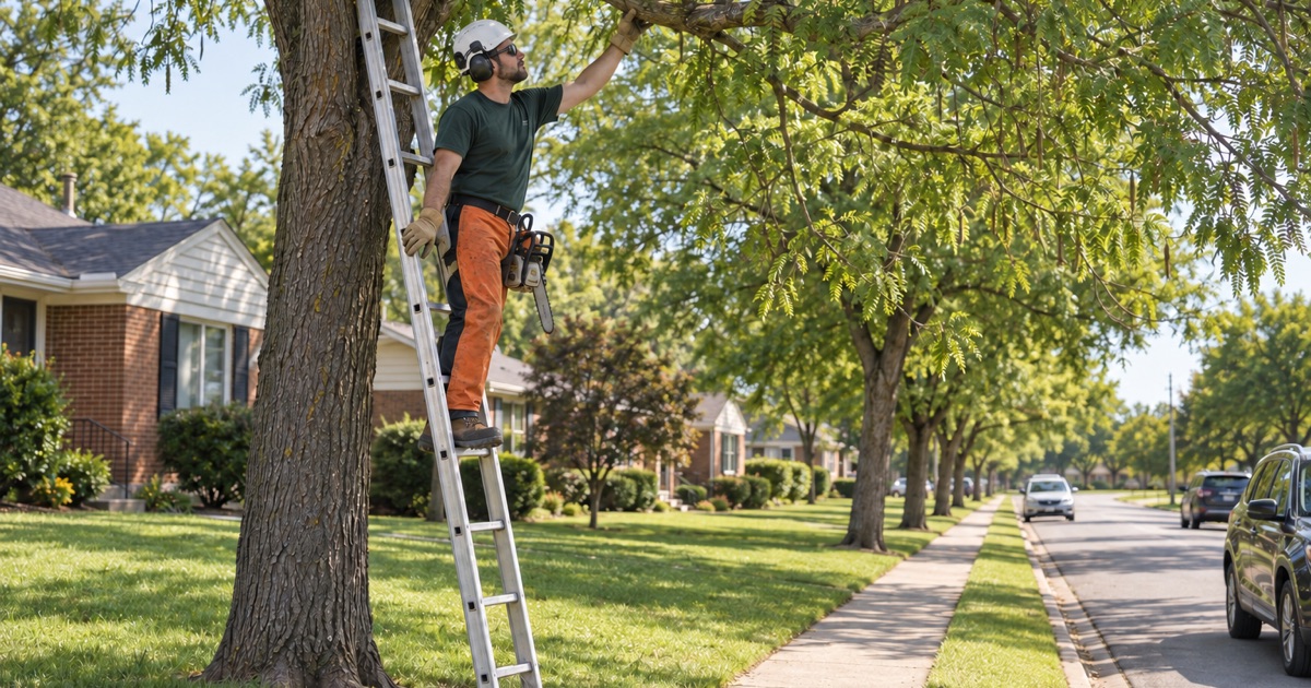 Worker on a ladder footed in a Shawnee curb verge, taking a low limb off a honeylocust street tree over the sidewalk.