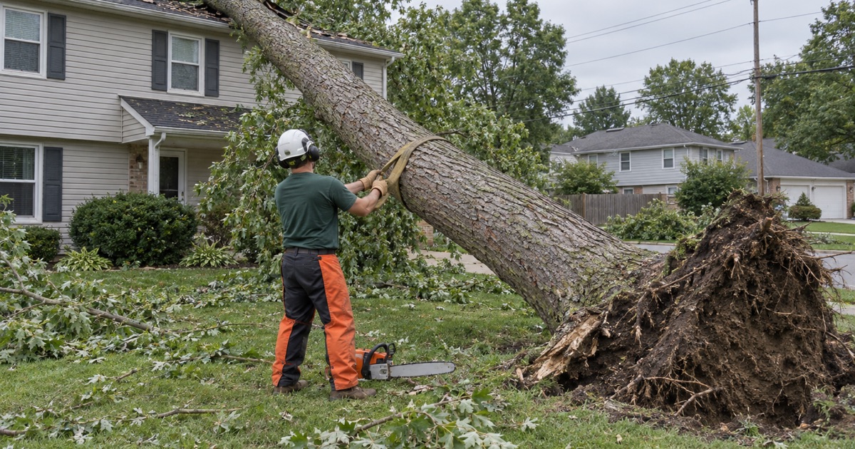 Worker setting a choker strap on a windthrown silver maple stem that has come to rest across a Shawnee roof ridge.