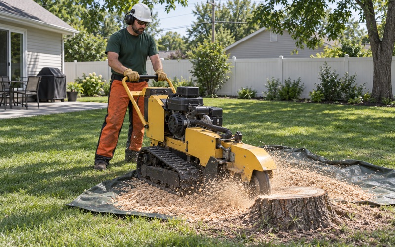 Worker sweeping a stump grinder across the face of a green ash stump in a Shawnee back yard.