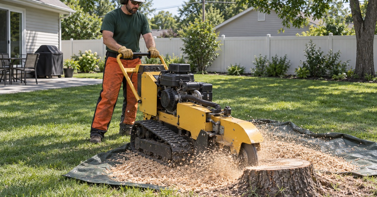 Worker sweeping a stump grinder across the face of a green ash stump in a Shawnee back yard.
