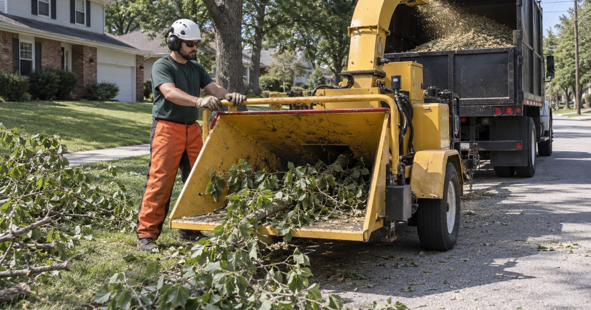 Worker feeding hackberry limbs into a chipper from the side of the infeed at a Shawnee curb.