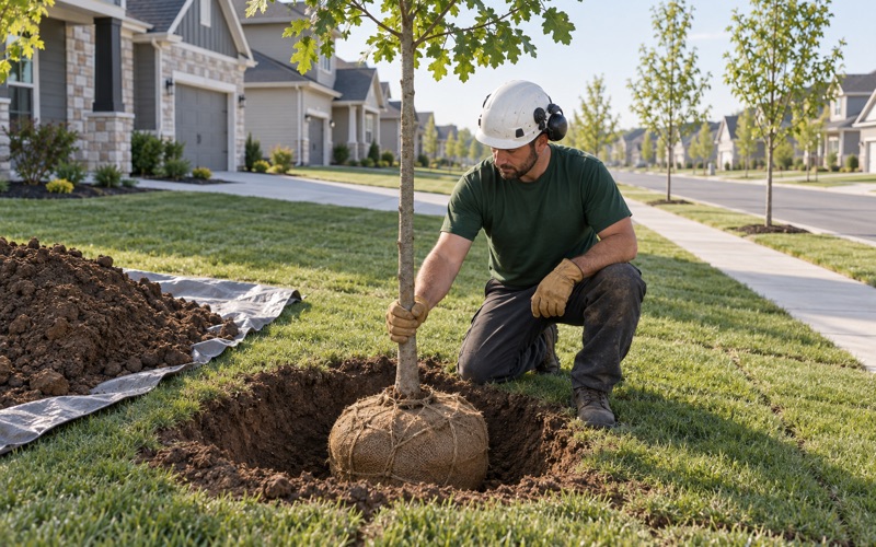 Worker holding a bur oak sapling plumb at its root flare while setting it in a new Shawnee planting pit.
