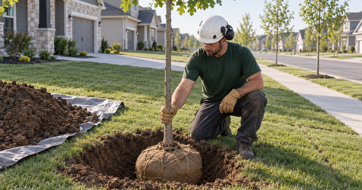 Worker holding a bur oak sapling plumb at its root flare while setting it in a new Shawnee planting pit.