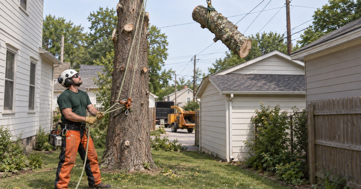 Ground worker holding two wraps on the lowering device as a pin oak limb section comes down beside a garage in Old Shawnee.