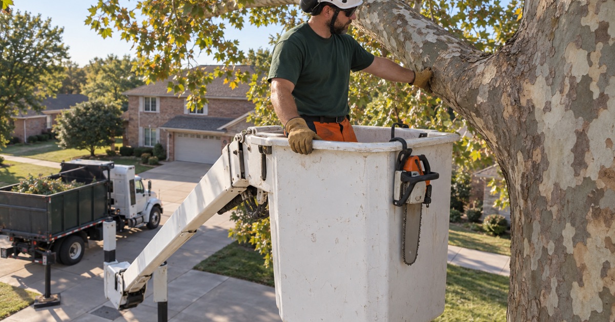 Worker bracing on the bucket rail while making a reduction cut at the branch collar of a sycamore over a Shawnee driveway.